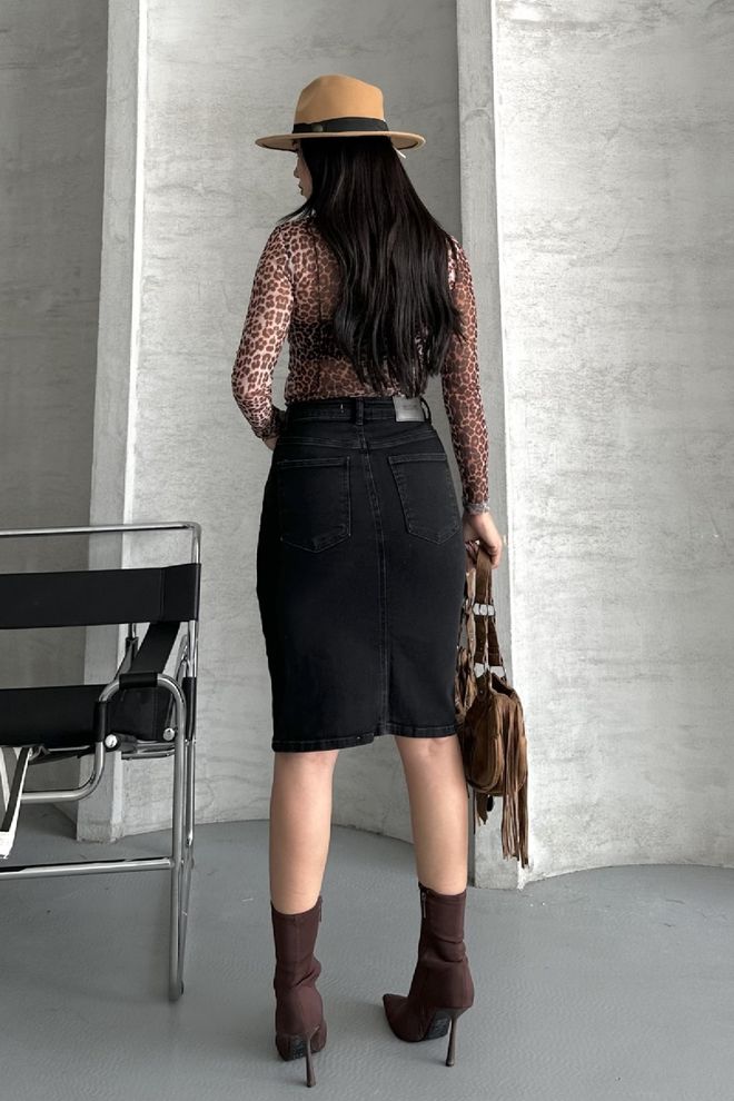 XLove Fustă Creion Negru Talie Înaltă Midi Nasturi Îmbrăcăminte cu ridicata 1