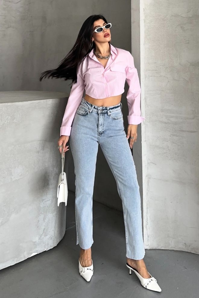 XLove Blau Mom Jeans Hohe Taille Gerades Bein Geknöpft Großhandelskleidung Lässig