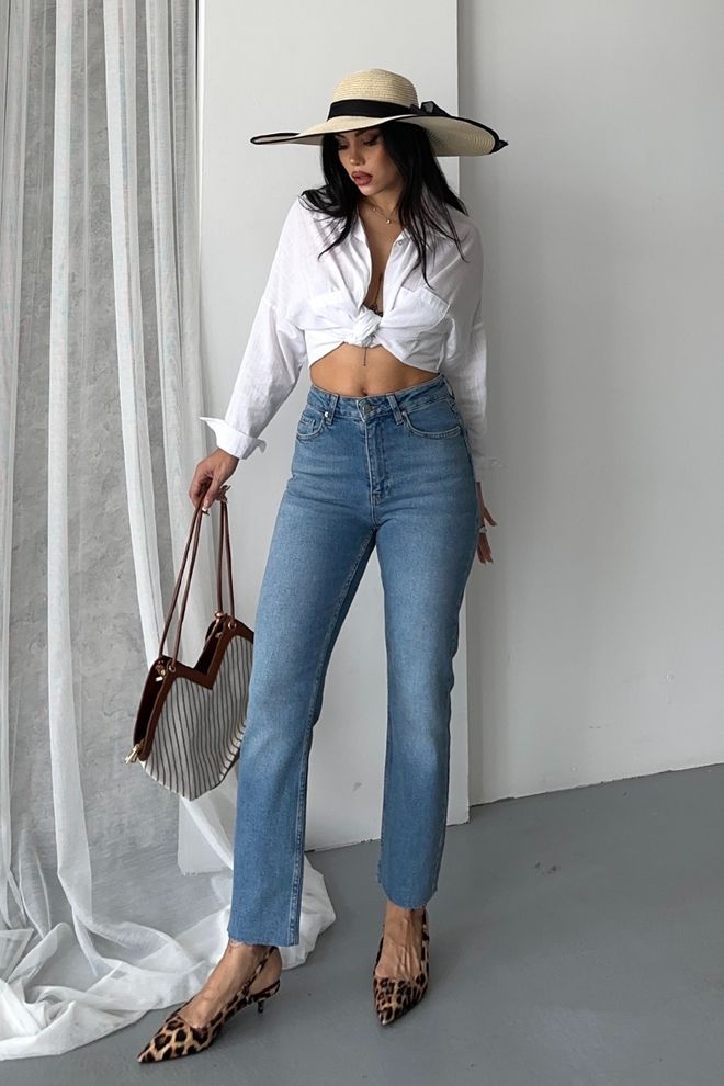 XLove Mavi Mom Kot Pantolon Yüksek Bel Düğmeli Günlük Stil Toptan Giyim Gündelik