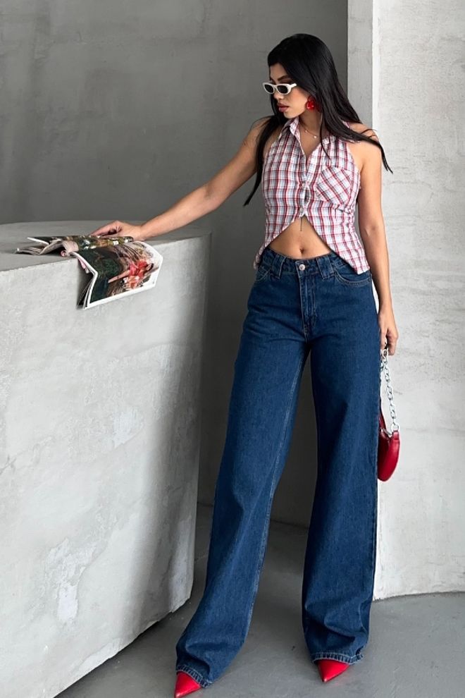 XLove Mavi Retro Günlük Sokak Stili Nostaljik Mom Kot Pantolon Toptan Giyim Gündelik