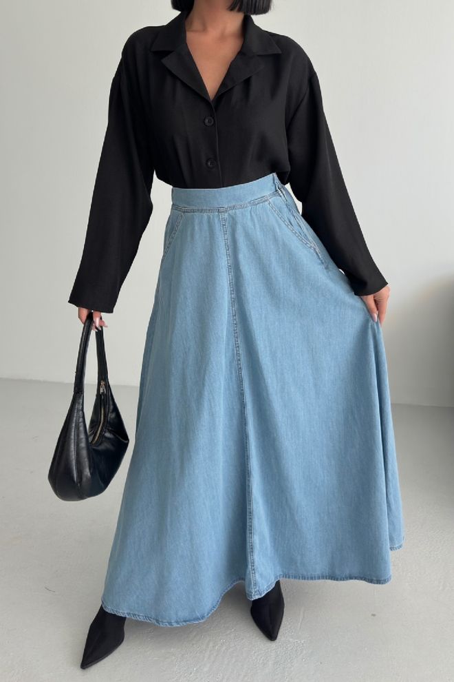 XLove Blauer Lässiger High Waist Ausgestellter Maxi Rock Großhandelskleidung Modest