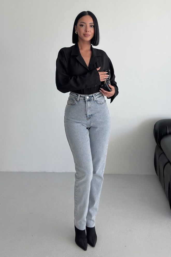 XLove Blau Jeans Mom Hohe Taille Gerades Bein Geknöpft Großhandelskleidung Lässig