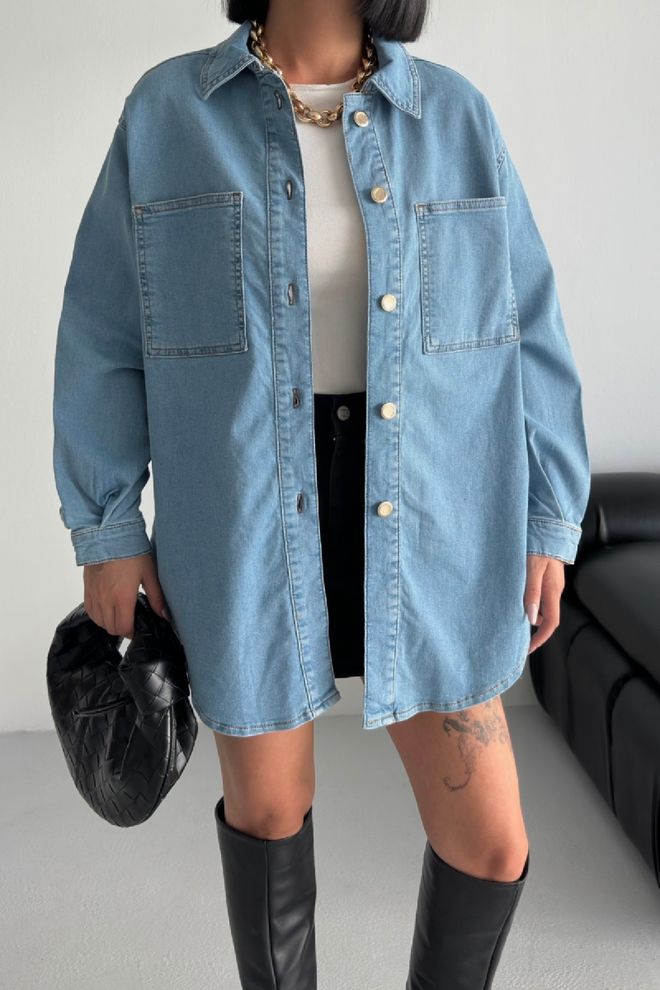 XLove Blue Casual Oversized Buttoned Shirt Long Sleeve Wholesale Clothing Casual