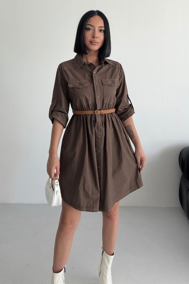 XLove Rochie Cămașă Maro Casual Elegantă Cu Decolteu Crestat Îmbrăcăminte cu ridicata Casual