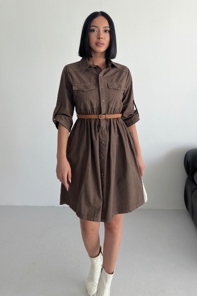 XLove Rochie Cămașă Maro Casual Elegantă Cu Decolteu Crestat Îmbrăcăminte cu ridicata Lejer