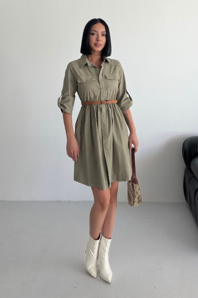 XLove Robe Chemise Élégante Kaki Avec Manches 3/4 Vêtements en gros Modeste