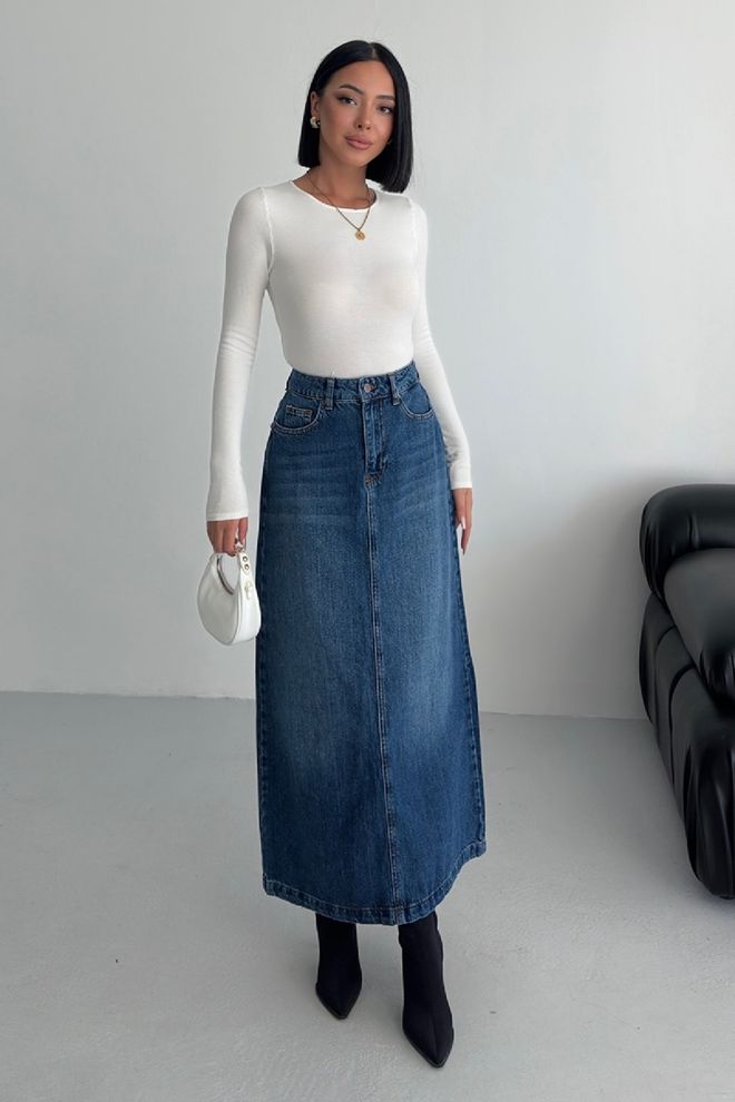 XLove Blauer A Linie Maxi Rock Mit Hoher Taille Und Geknöpftem Verschluss Großhandelskleidung Modest
