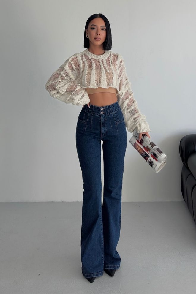 XLove Vaqueros Azules Casual Retro Con Pierna Acampanada Y Cintura Alta Ropa al por mayor Salón
