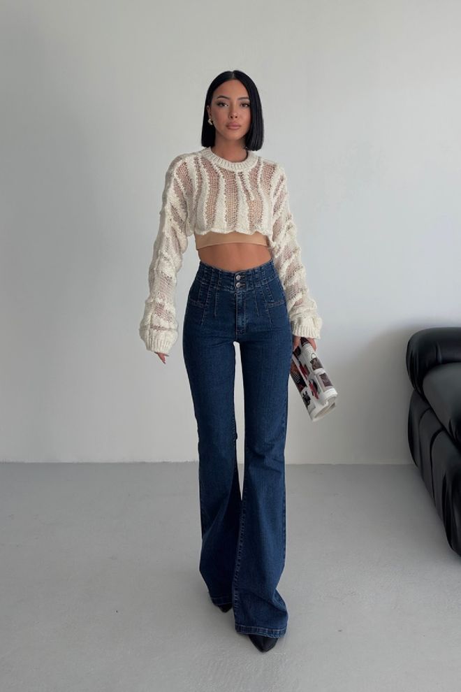 XLove Vaqueros Azules Casual Retro Con Pierna Acampanada Y Cintura Alta Ropa al por mayor 5