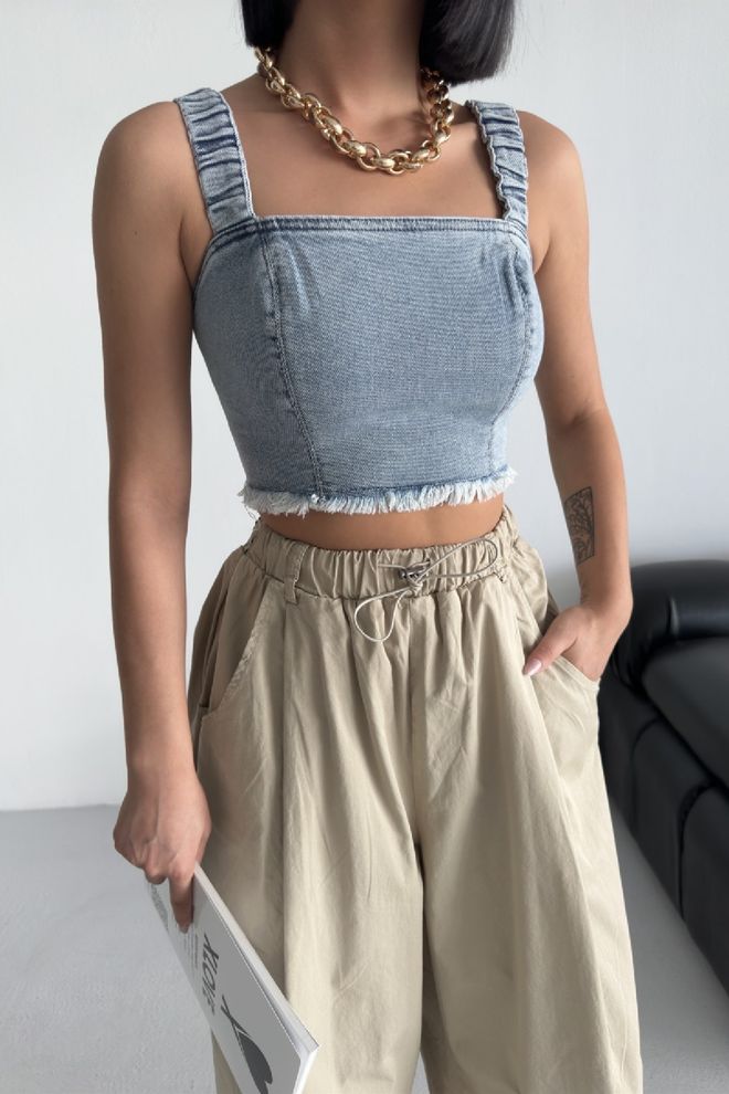 XLove Μπλε Bustier Με Τετράγωνο Λαιμό Εφαρμοστό Αμάνικο Χονδρικό εμπόριο ενδυμάτων Casual