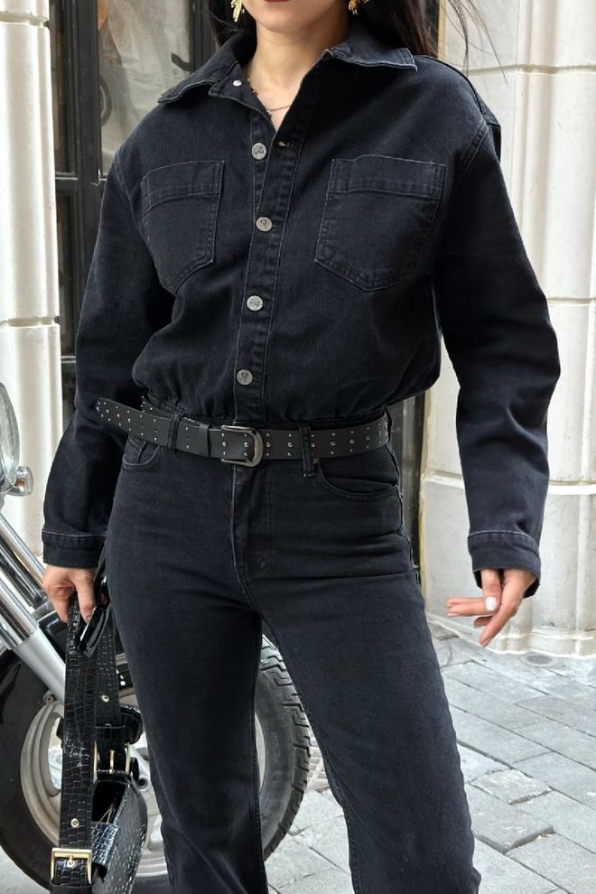 XLove Macacão Camisa Preta Com Decote Entalhado E Bolso Com Aba Roupas por atacado Primavera