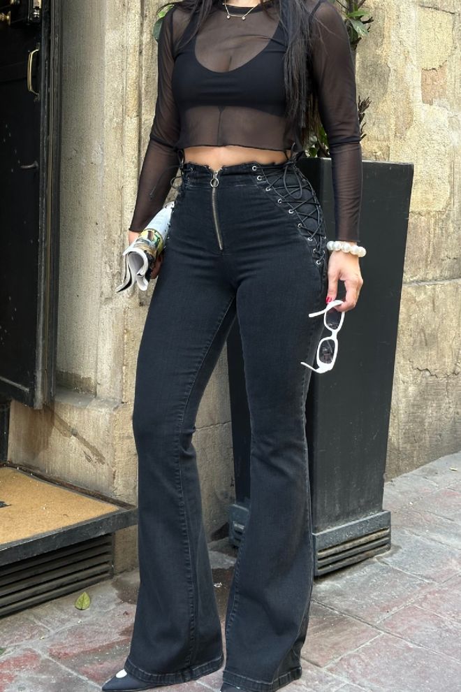 XLove Vaqueros Mom Negros Con Pierna Acampanada Cintura Alta Cremallera Ropa al por mayor Primavera