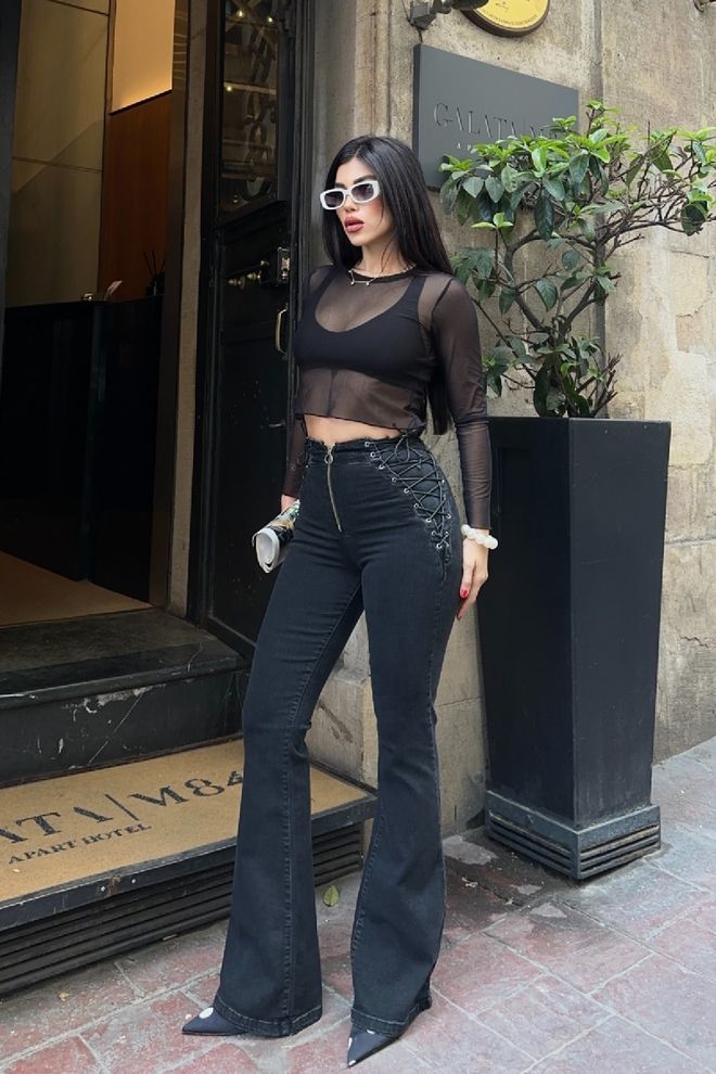 XLove Vaqueros Mom Negros Con Pierna Acampanada Cintura Alta Cremallera Ropa al por mayor Sexy