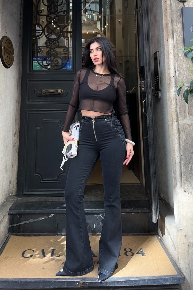 XLove Vaqueros Mom Negros Con Pierna Acampanada Cintura Alta Cremallera Ropa al por mayor 5