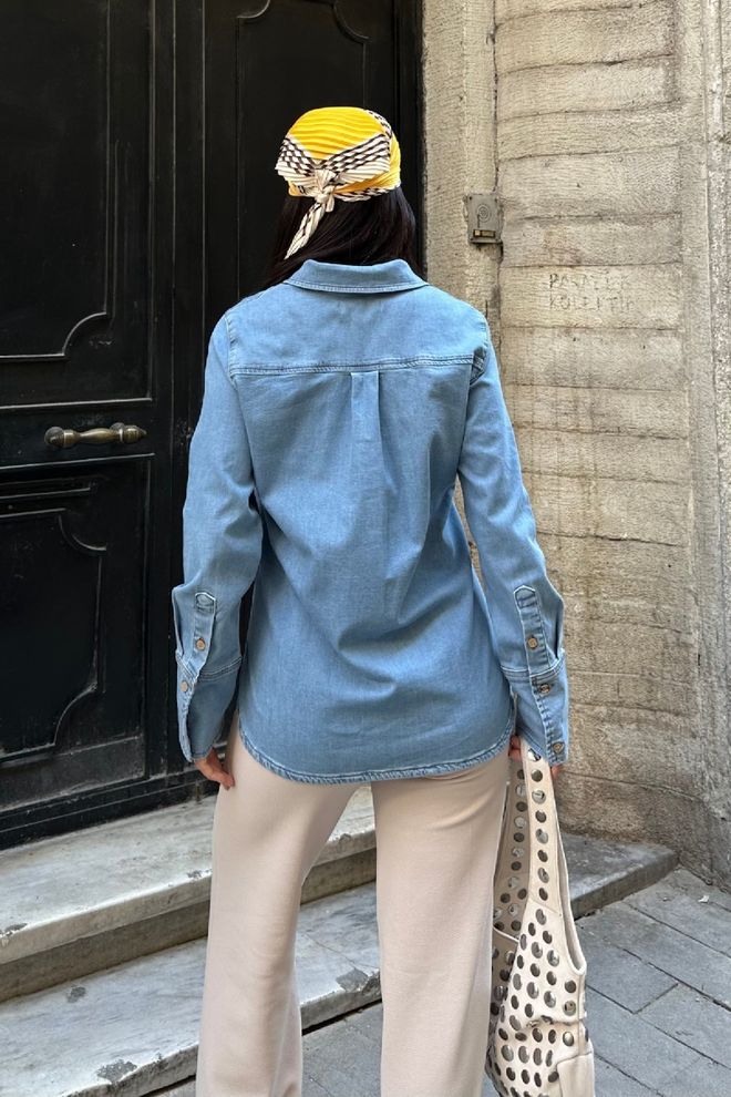 XLove Camisa Azul Casual Vintage Com Gola Polo Roupas por atacado A relaxar