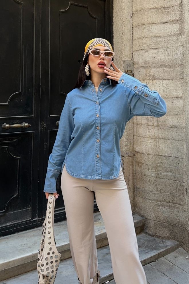 XLove Camisa Azul Casual Vintage Com Gola Polo Roupas por atacado Vintage