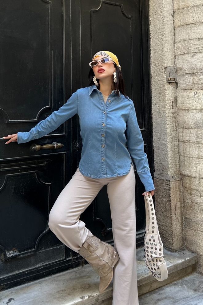 XLove Camisa Azul Casual Vintage Com Gola Polo Roupas por atacado Primavera