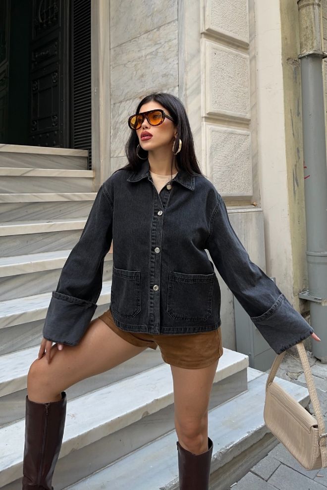 XLove Jaqueta Sobrecamisa Preta Com Colarinho De Pontas Roupas por atacado 1