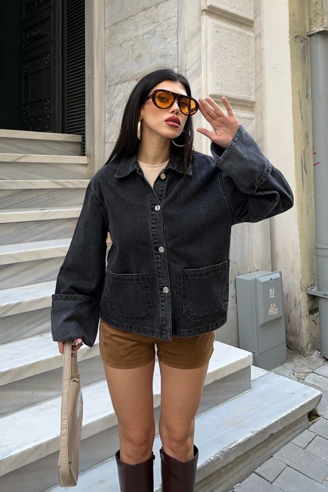 XLove Black Overshirt Jacket With Point Collar Wholesale Clothing Casual