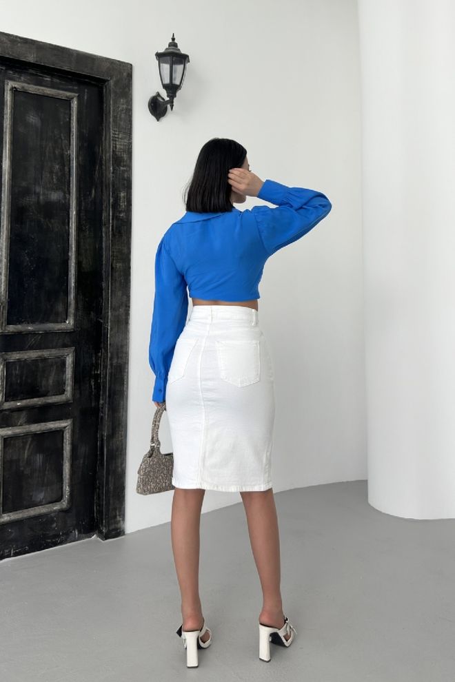 XLove Бяла Молив Миди Пола С Висока Талия И Копчета Дрехи на едро Работа