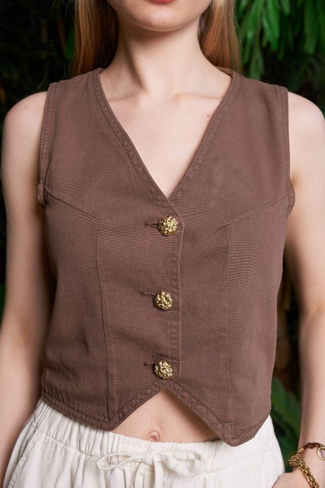 XLove Braune Vintage Crop Weste Mit Knopfleiste Großhandelskleidung Lässig
