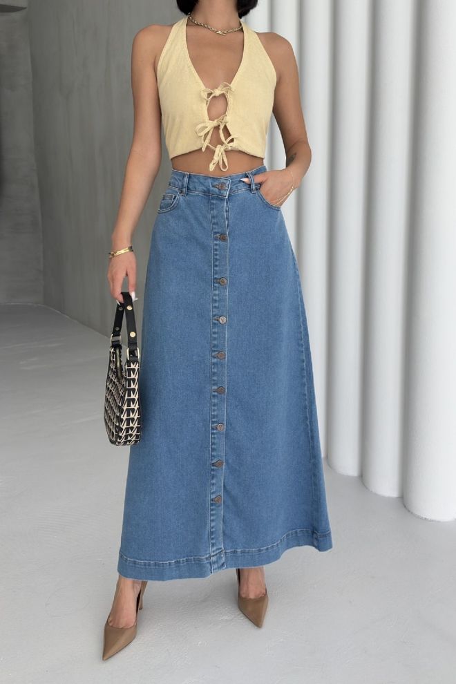 XLove Gonna Maxi A line Blu Con Vita Alta E Chiusura Abbottonata Abbigliamento all'ingrosso Casuale