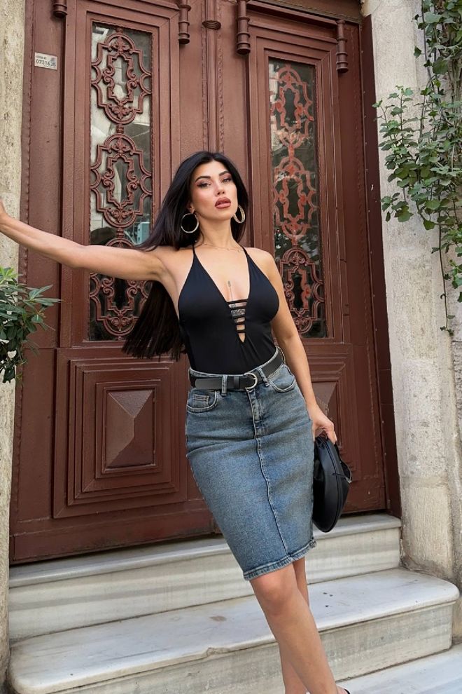 XLove Μπλε Φούστα Pencil Ψηλόμεση Με Κουμπιά Μίντι Χονδρικό εμπόριο ενδυμάτων Σέξι