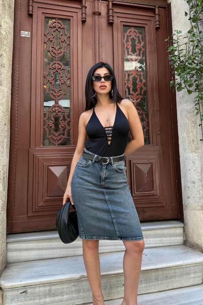 XLove Μπλε Φούστα Pencil Ψηλόμεση Με Κουμπιά Μίντι Χονδρικό εμπόριο ενδυμάτων 5