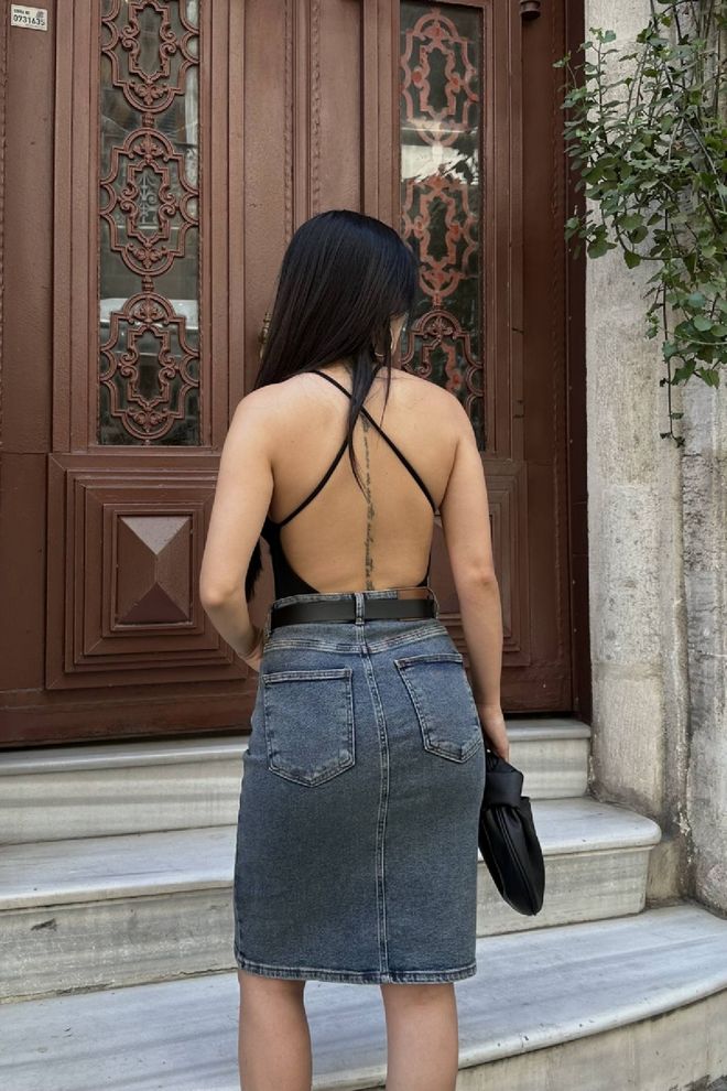 XLove Μπλε Φούστα Pencil Ψηλόμεση Με Κουμπιά Μίντι Χονδρικό εμπόριο ενδυμάτων Άνοιξη