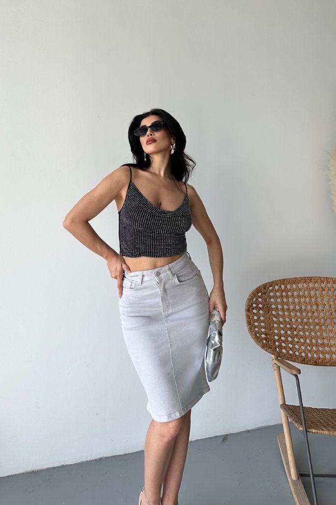 XLove Γκρι Midi Pencil Φούστα Με Ψηλή Μέση Και Κουμπιά Χονδρικό εμπόριο ενδυμάτων Σέξι