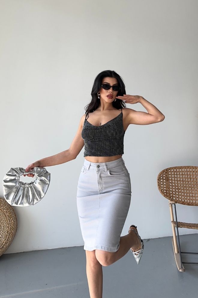 XLove Γκρι Midi Pencil Φούστα Με Ψηλή Μέση Και Κουμπιά Χονδρικό εμπόριο ενδυμάτων Σαλόνι