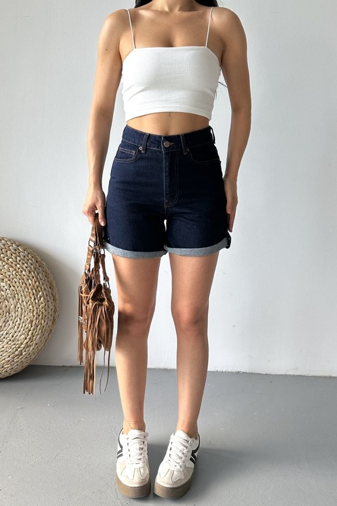 XLove Blue Casual Bermuda Shorts High Waist With Buttoned Closure Wholesale Clothing 1