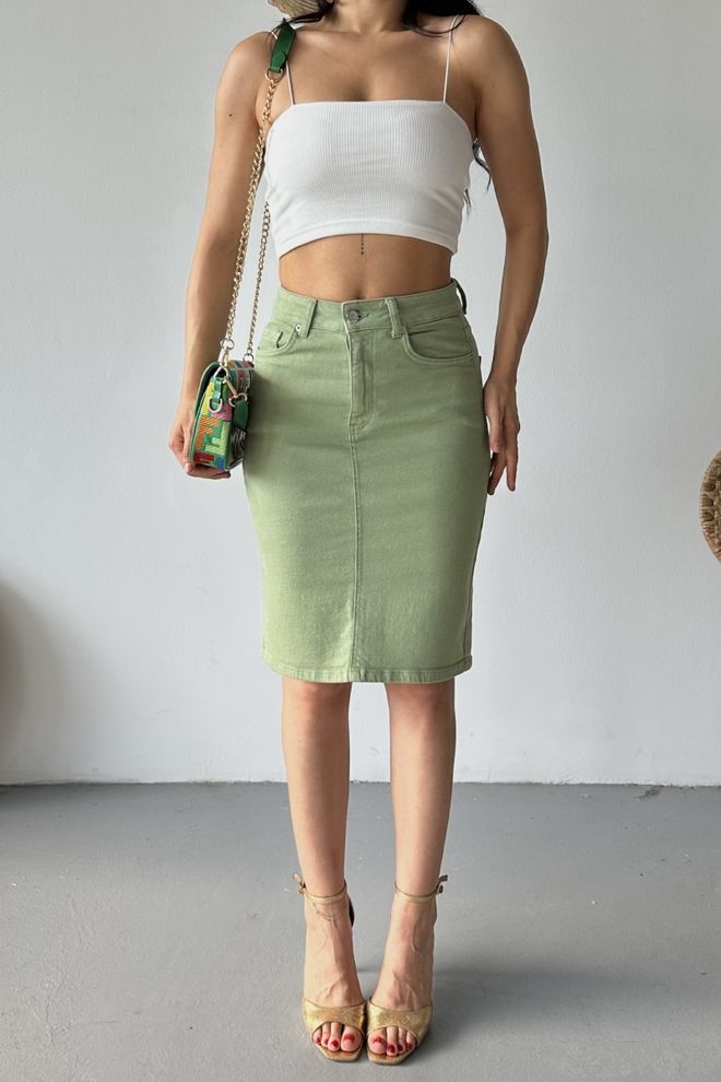 XLove Grüner Midi Pencil Rock Mit Aufgesetzter Tasche Und Hoher Taille Großhandelskleidung Lässig