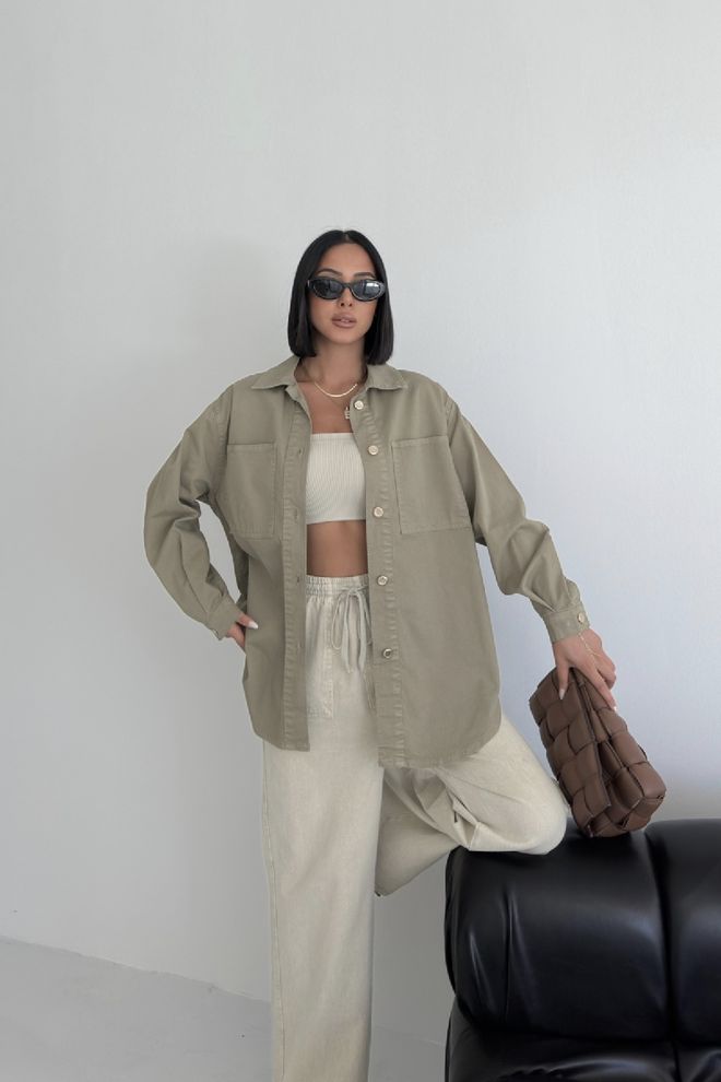 XLove Khaki Oversized Fit Casual Long Sleeve Shirt Wholesale Clothing Lounge