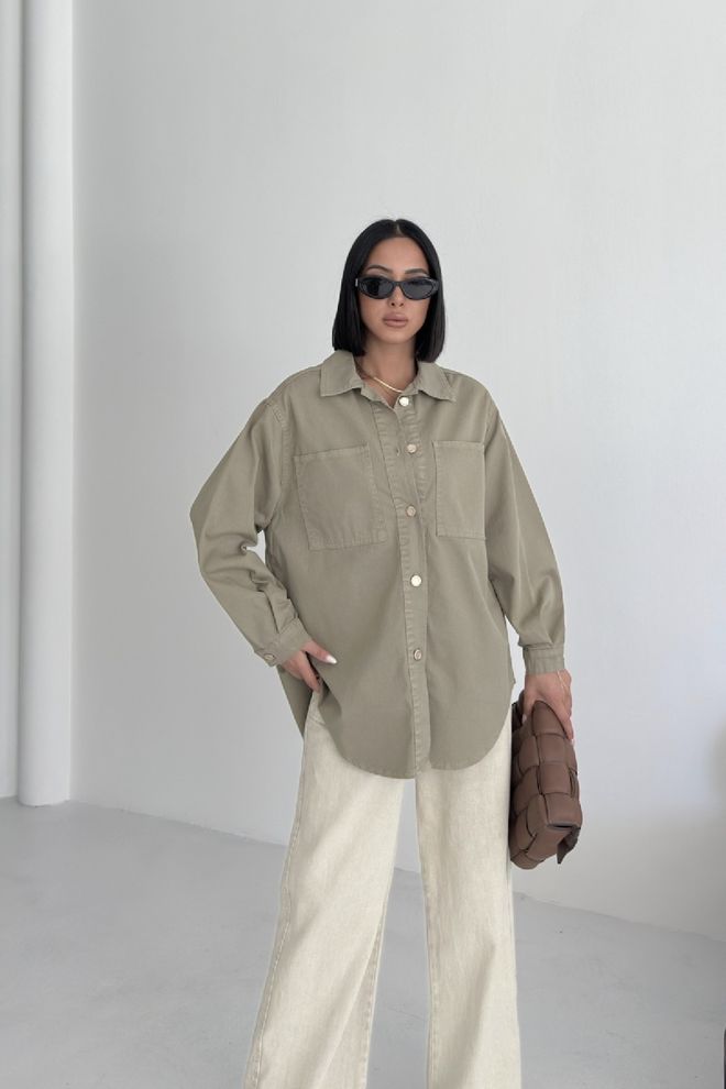 XLove Khaki Oversized Fit Casual Long Sleeve Shirt Wholesale Clothing Casual