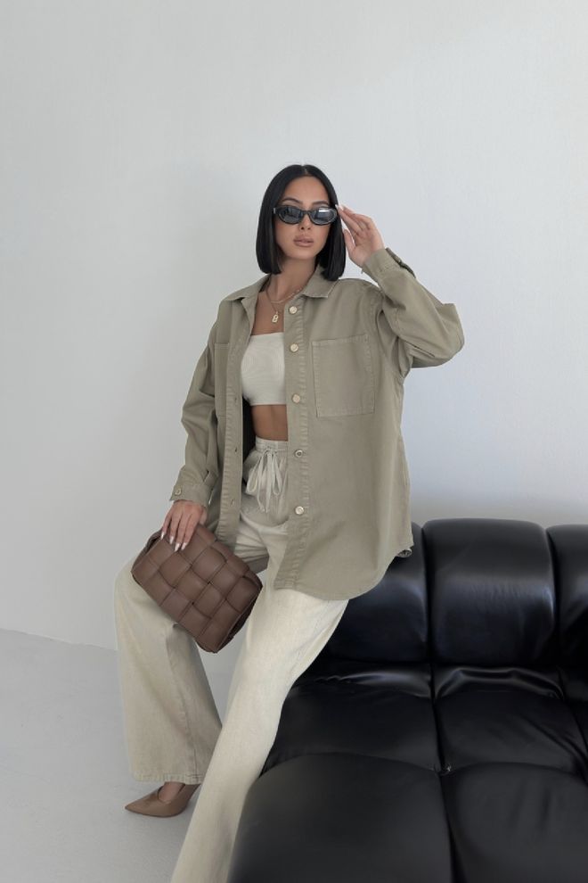 XLove Khaki Oversized Fit Casual Long Sleeve Shirt Wholesale Clothing Spring