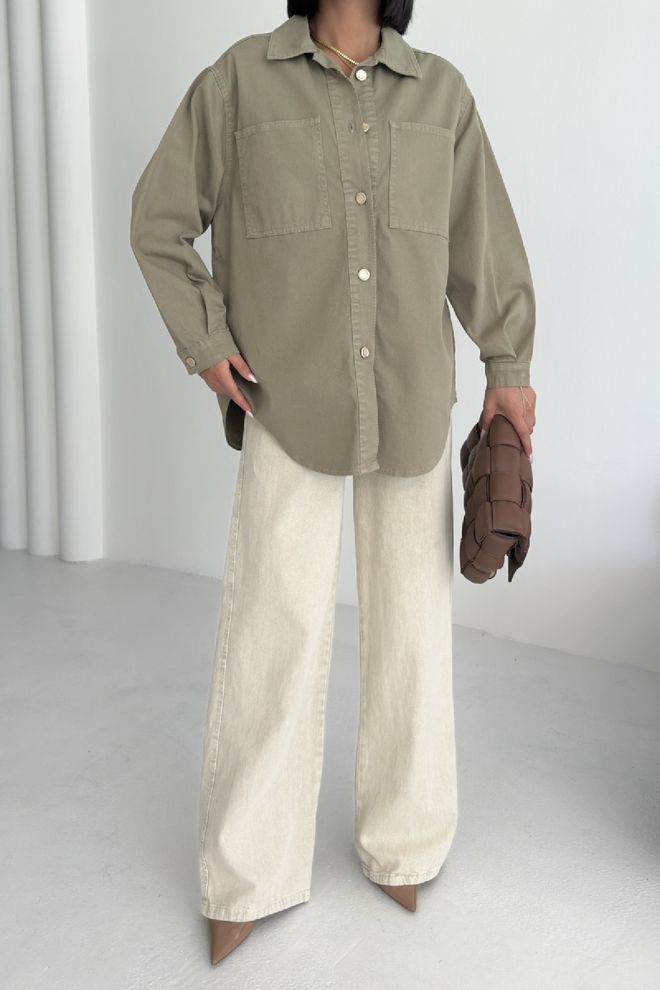 XLove Khaki Oversized Fit Casual Long Sleeve Shirt Wholesale Clothing 1