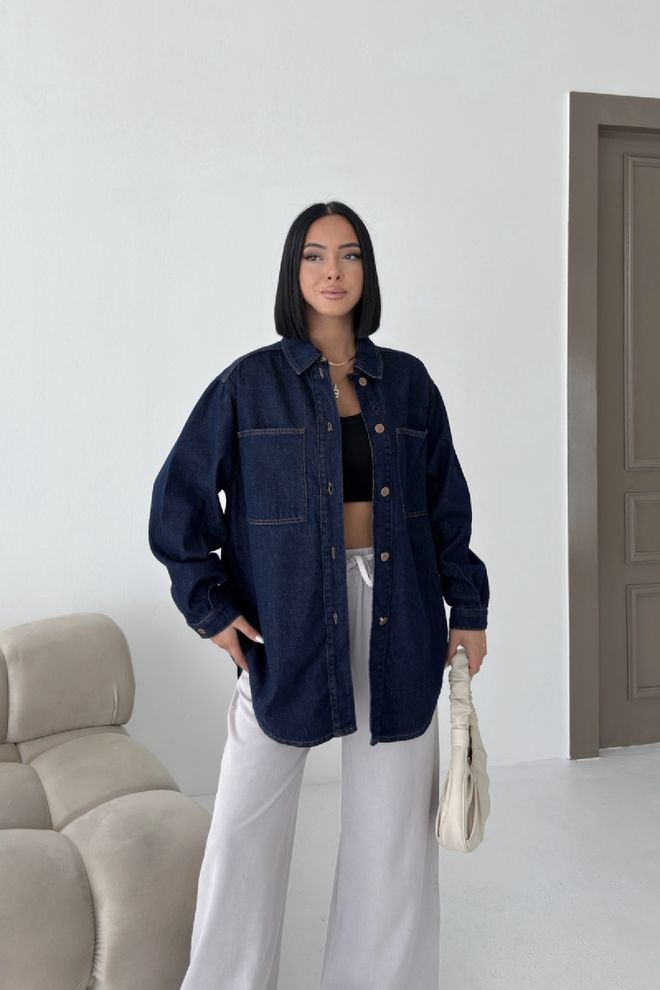 XLove Camisa Azul Marino Casual Sobredimensionada Con Botones Ropa al por mayor Salón