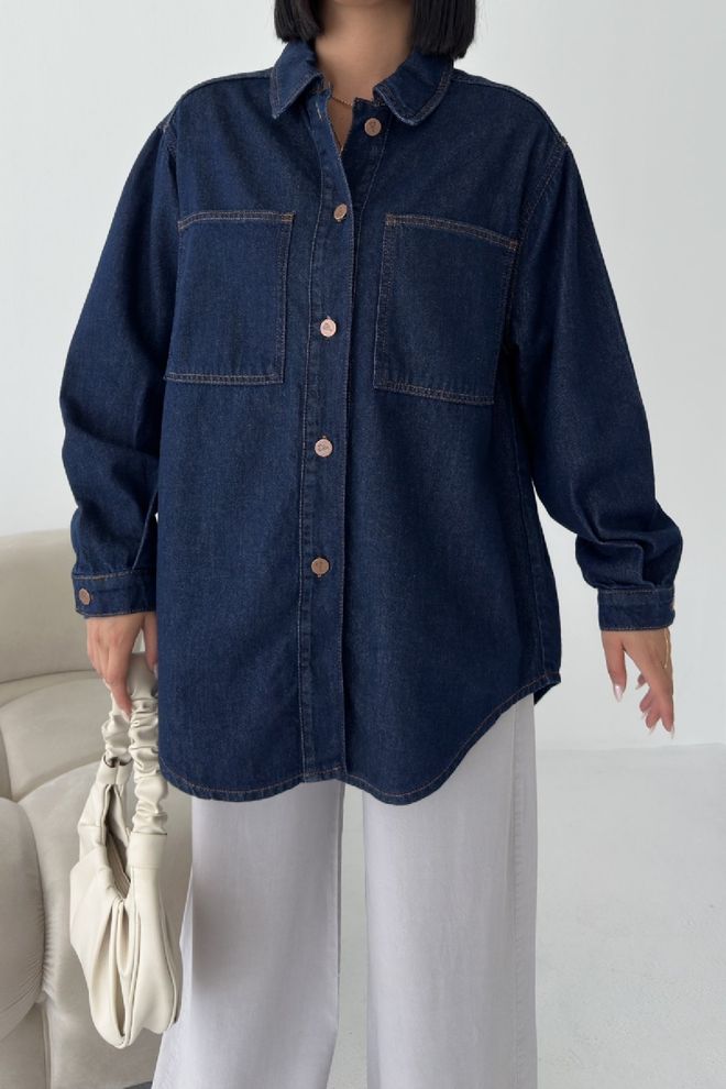 XLove Navy Blue Casual Oversized Buttoned Shirt Wholesale Clothing Casual