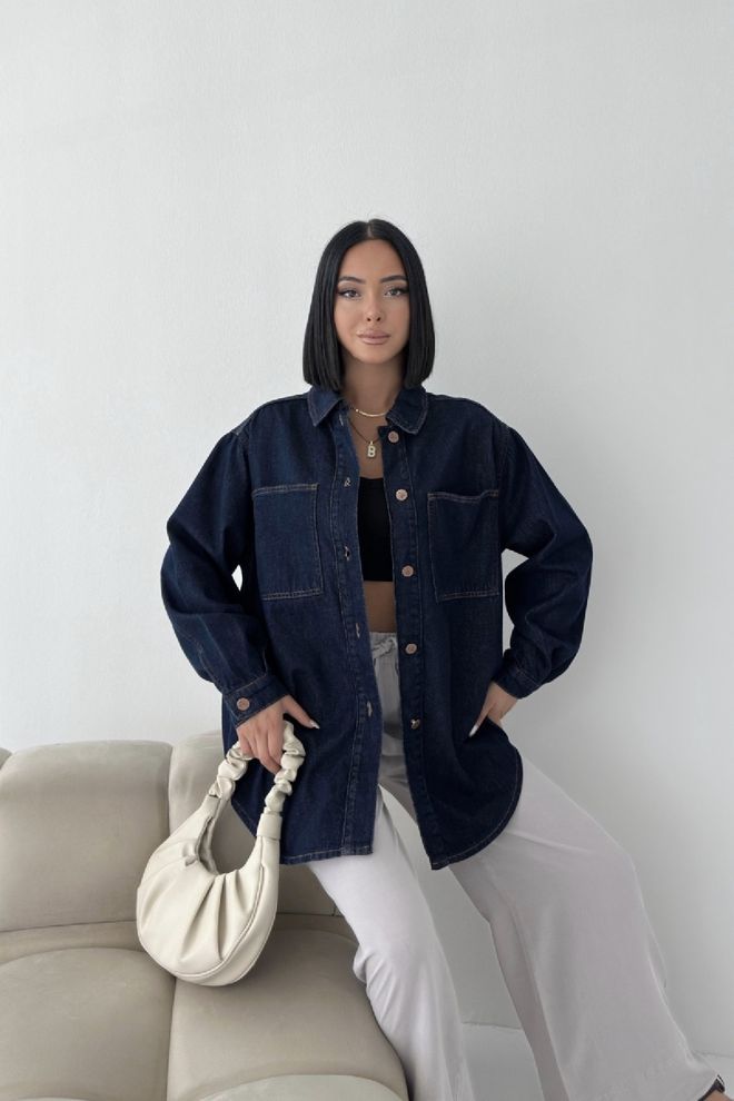 XLove Camisa Azul Marino Casual Sobredimensionada Con Botones Ropa al por mayor 5