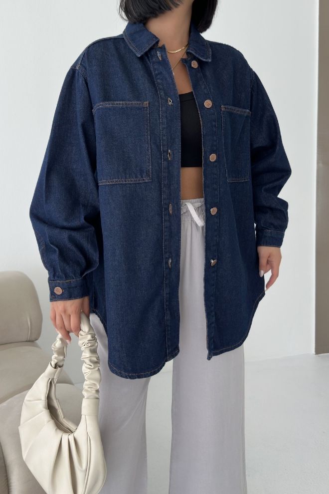 XLove Camisa Azul Marino Casual Sobredimensionada Con Botones Ropa al por mayor 1