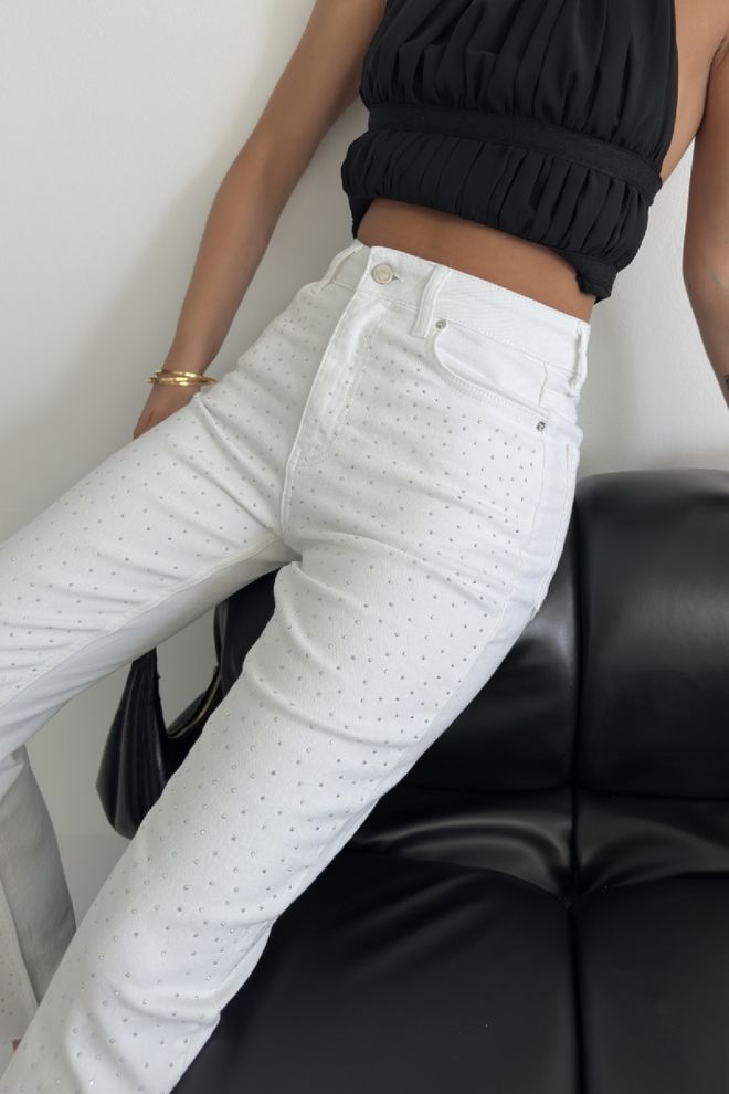 XLove Biele Bodkované Rifle Mom S Vysokým Pásom Veľkoobchod s oblečením Sexy