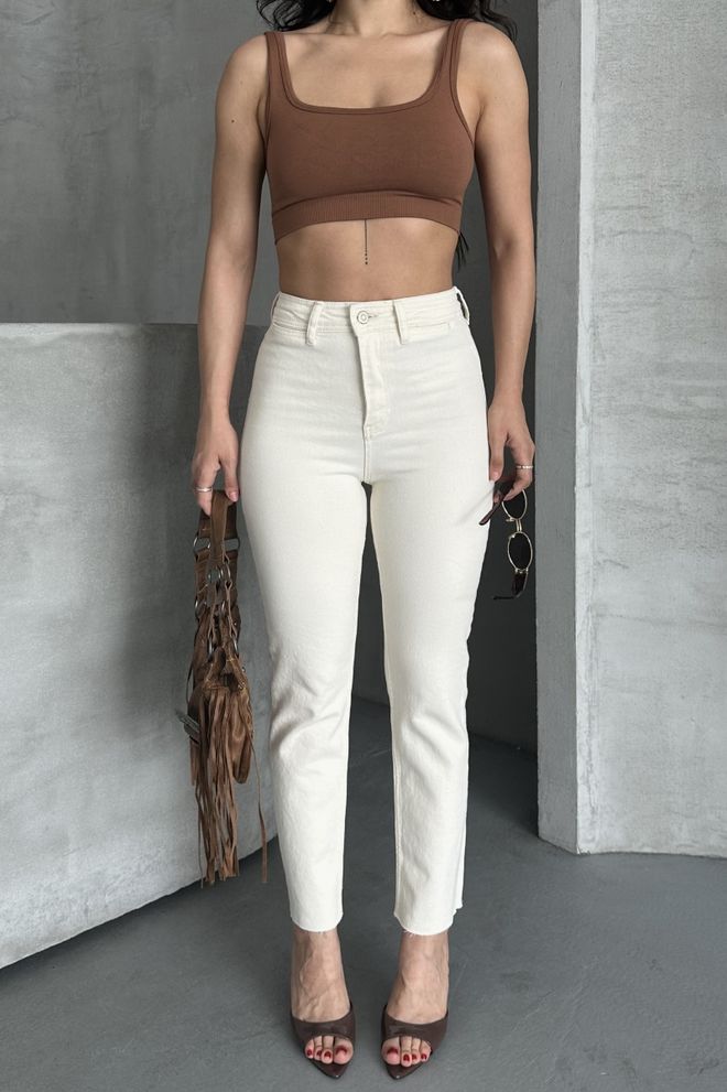 XLove Ecru Jeans Hohe Taille Mom Gerade Bein Geknöpft Großhandelskleidung Lässig