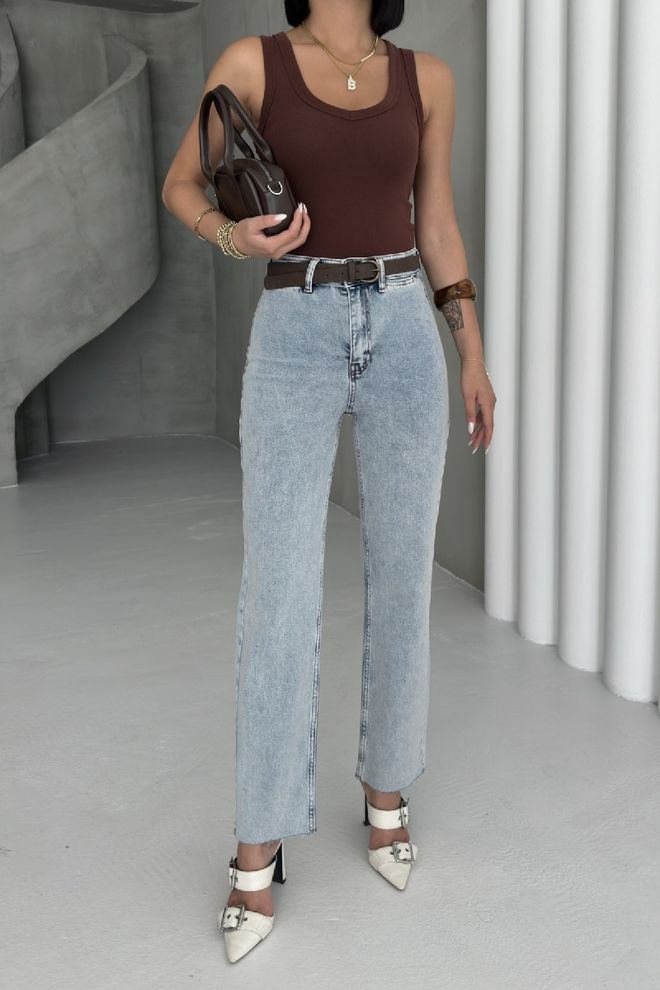 XLove Blau Mom Jeans Hohe Taille Gerade Bein Reißverschluss Großhandelskleidung Lässig