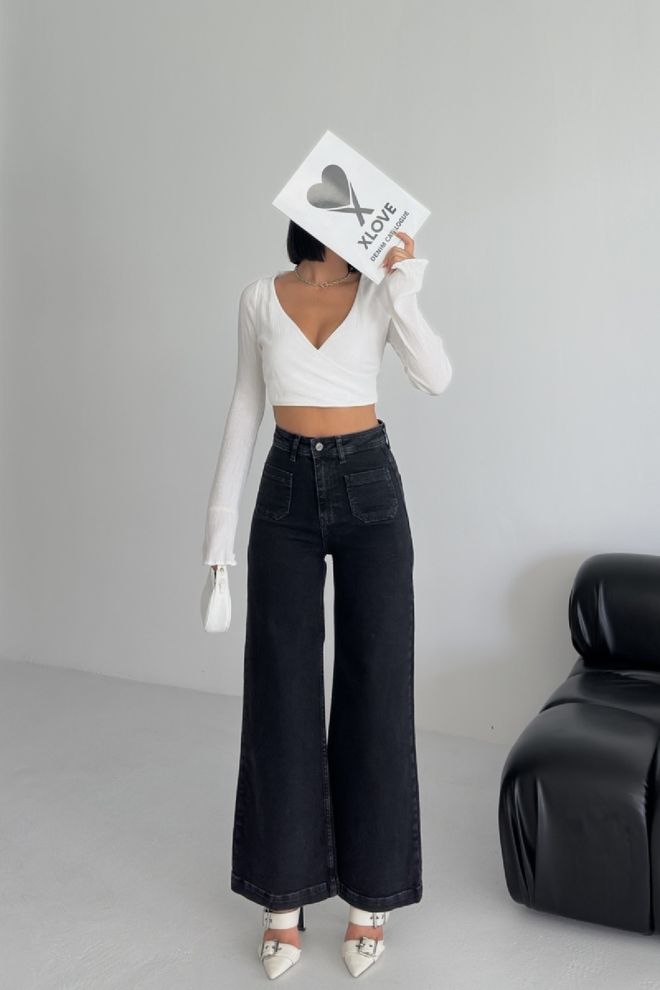 XLove Vaqueros Palazzo Negros Con Cintura Alta Y Pierna Ancha Black Palazzo Jeans With High Waist & Wide Leg Ropa al por mayor 5