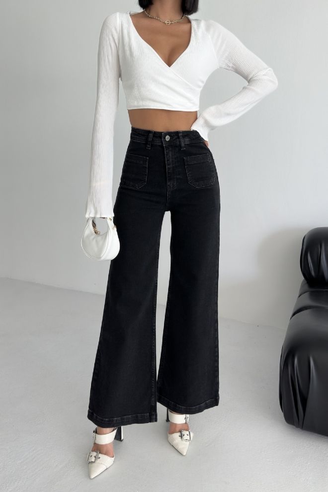 XLove Vaqueros Palazzo Negros Con Cintura Alta Y Pierna Ancha Black Palazzo Jeans With High Waist & Wide Leg Ropa al por mayor 1
