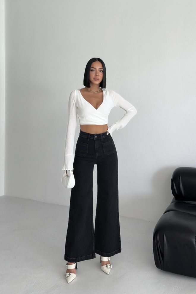 XLove Vaqueros Palazzo Negros Con Cintura Alta Y Pierna Ancha Black Palazzo Jeans With High Waist & Wide Leg Ropa al por mayor Trabajo