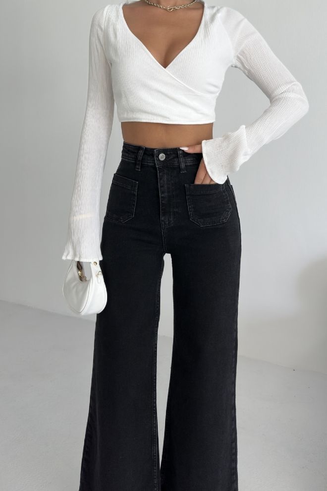 XLove Vaqueros Palazzo Negros Con Cintura Alta Y Pierna Ancha Black Palazzo Jeans With High Waist & Wide Leg Ropa al por mayor Sexy