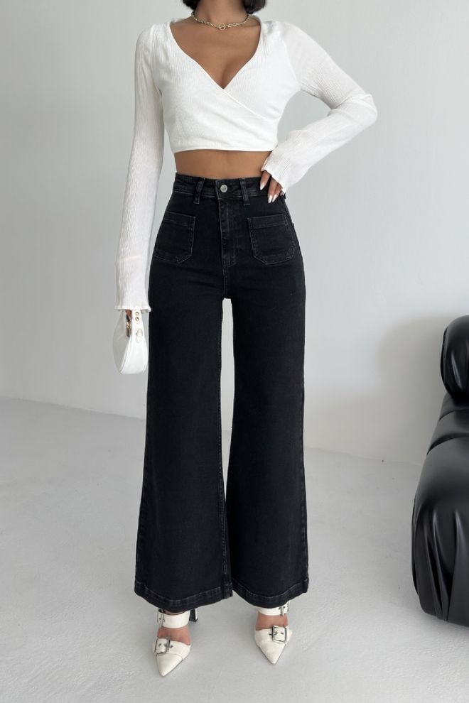 XLove Черные Джинсы Палаццо С Высокой Талией И Широкими Штанинами Black Palazzo Jeans With High Waist & Wide Leg Оптовая продажа одежды Повседневный