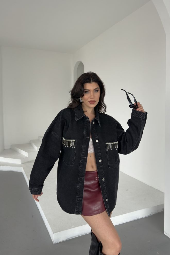 XLove Zwart Oversized Geknoopte Shirt Met Geribbelde Hals Groothandel Kleding Casual